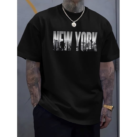 Men's Classic New York City Graphic Tee - Casual Polyester Short Sleeve T-Shirt with Distressed Letter Print, Round Neck, Summer Essential