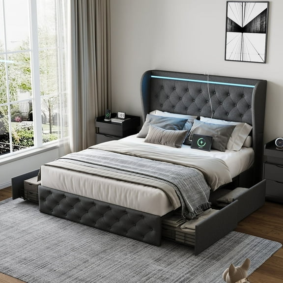 Upholstered Full Size Platform Bed Frame with 4 Storage Drawers and Wooden Slats,White