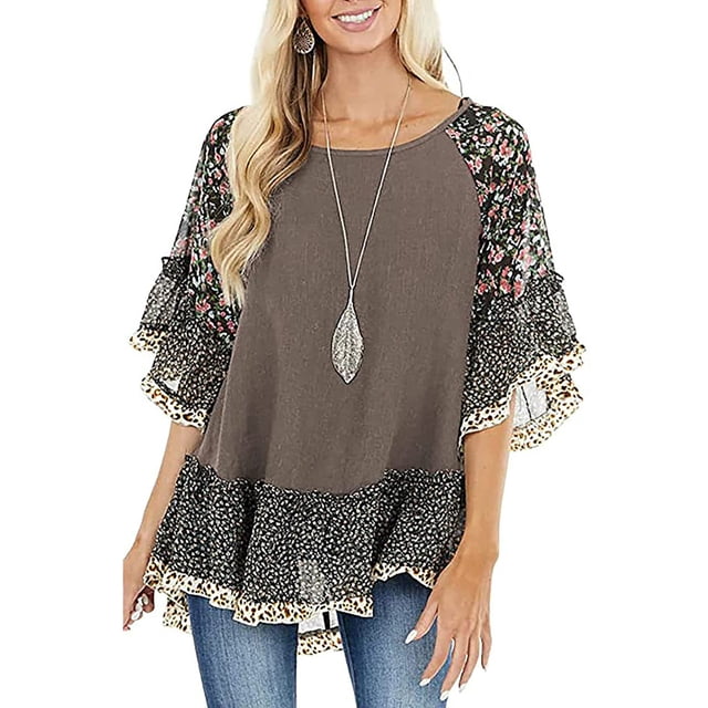 VISgogo Blusa de media manga para mujer, tops holgados de cuello redondo con estampado floral de leopardo, camisa informal de estilo simple VISgogo moda