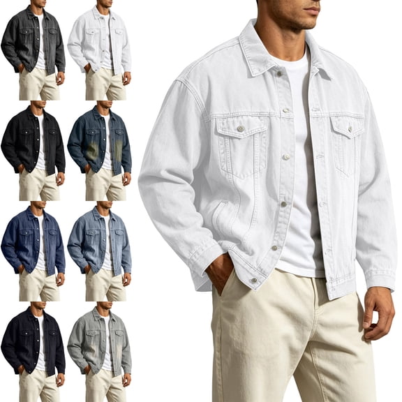 Danhjin Denim Jackets for Men Button Lapel Fall Spring Long Sleeve Casual Jean Jackets Solid Color Fashion Comfy Coats Outwear