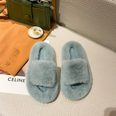 

CoCopeanut Winter House Fluffy Ladies Fur Slippers Open-Toe Solid Bedroom Flat Girls Warm Plush Shoes Indoor Women Fluffy Slides