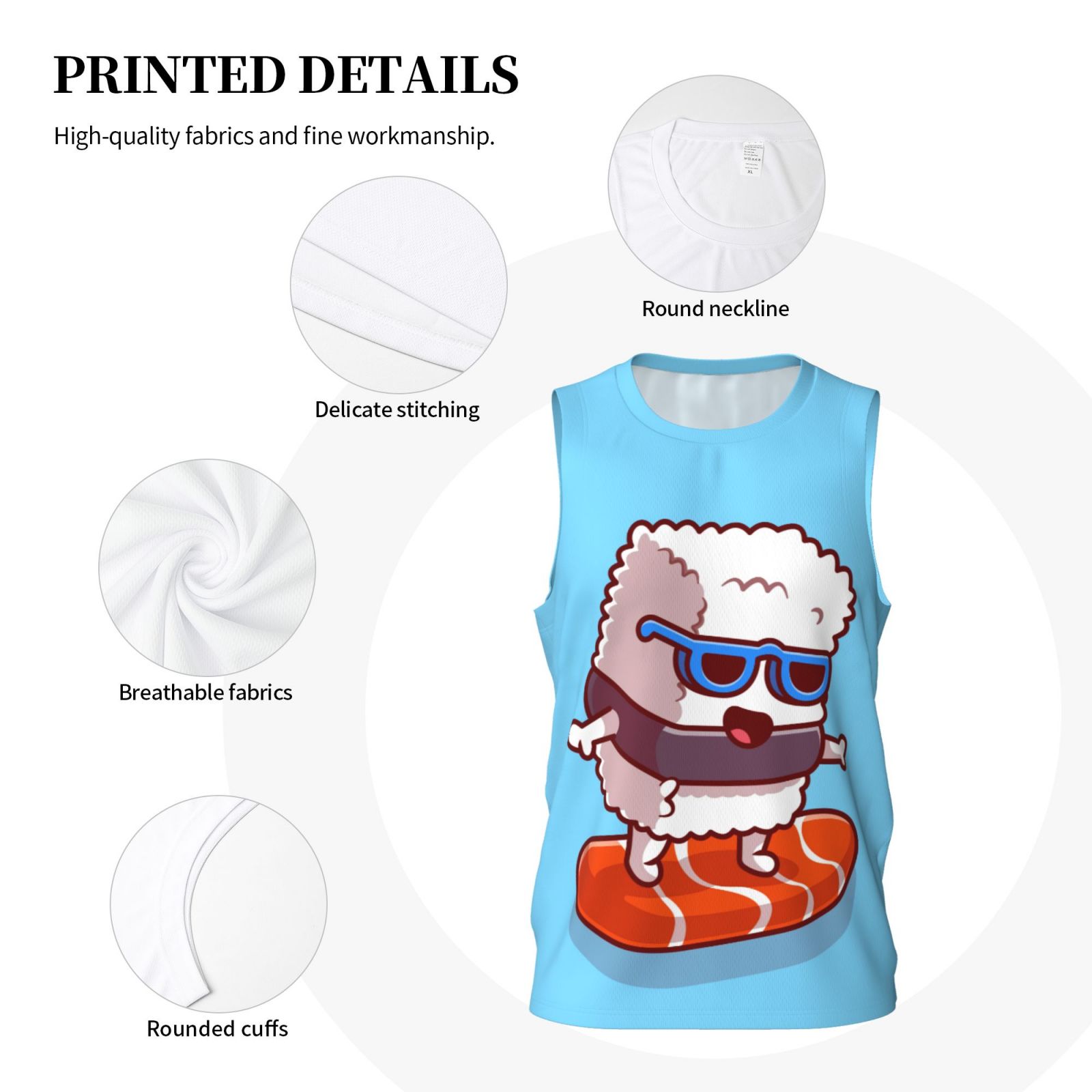 Xecao Sushi Salmon Surfing print basketball shirt for both men and women, a unisex basketball jersey perfect for theme parties-3X-Large