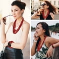thumbnail image 2 of Handmade Seed Bead Necklace & Bracelet Set - Red Boho Jewelry for Women - Layered Multi Strand Beaded Statement Jewelry w/ Wooden Clasp - Necklace  18" - Strechable Bracelet Christmas Gifts, 2 of 7