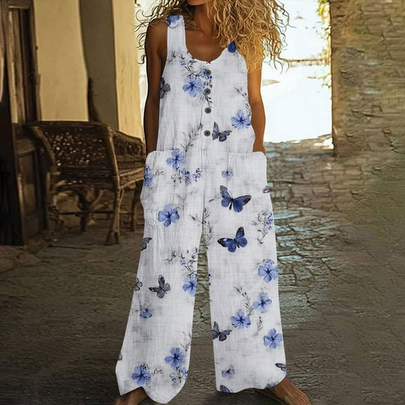 OVBMPZD Jumpsuits for Women Casual Wide Leg Linen White Travel Pockets Vacation Jumpsuits Rompers for Women 2025 L