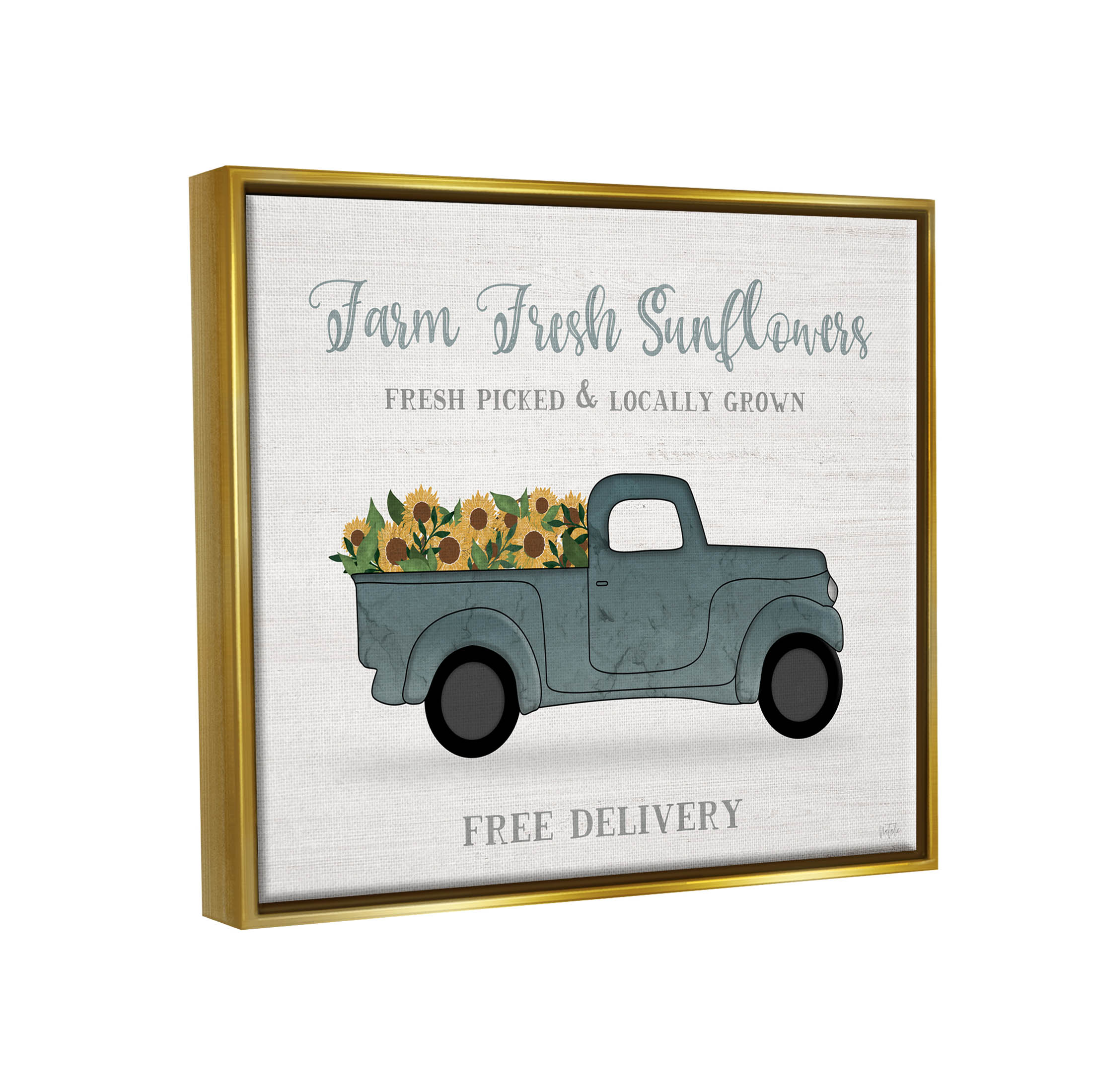 Stupell Industries Farm Fresh Sunflowers Truck Graphic Art Metallic Gold Floating Framed Canvas Print Wall Art, Design by Natalie Carpentieri