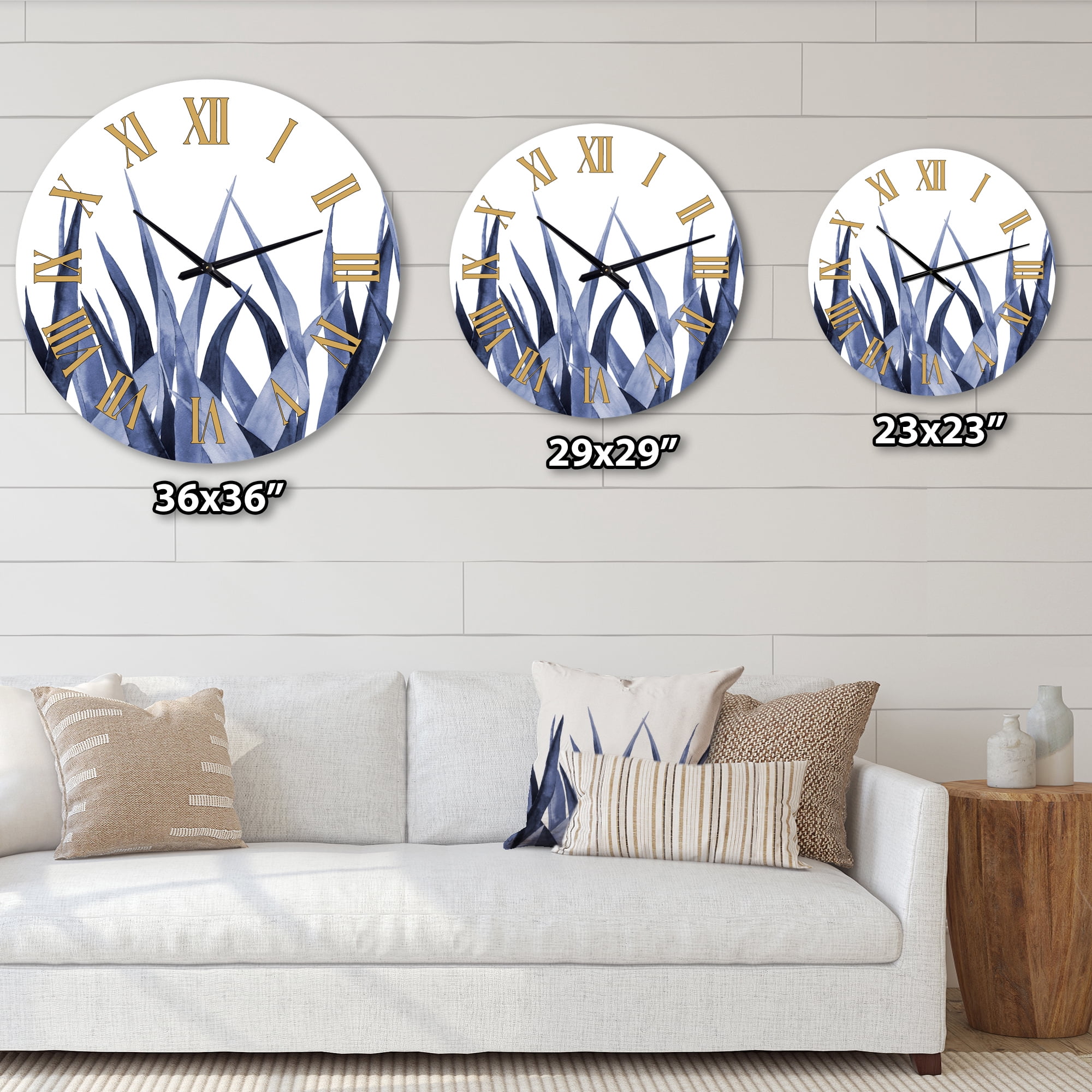 Designart 'Navy Blue Agave Leaves' Traditional Wall Clock