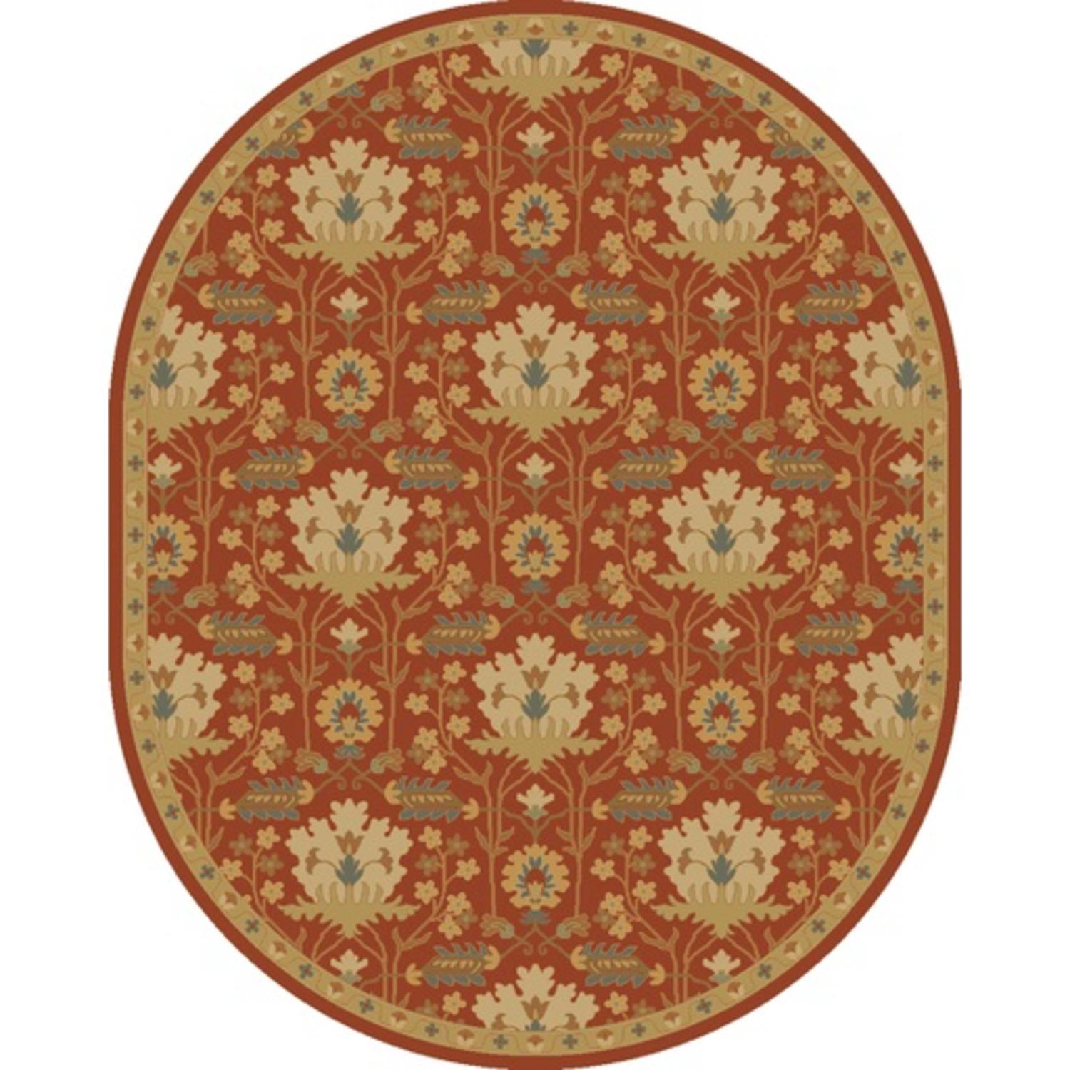 8' x 10' Burgundy Red and Olive Green Oval Wool Area Throw Rug