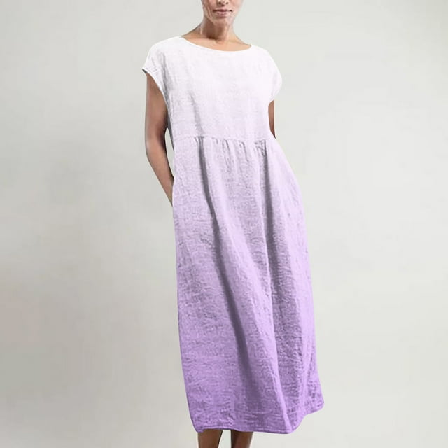 TopLLC Robe Sans Manches à Col Rond Robe Maxi Sans Manches pour Femmes avec Poches en Lin Ample et Bouffante Caftan Longue Robe Femme Robe
