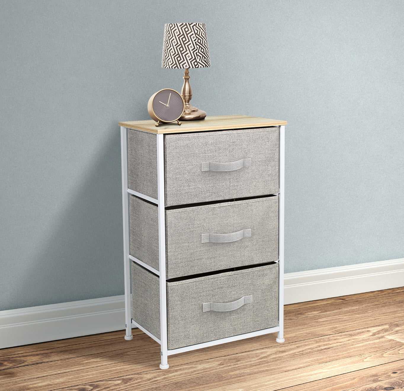 Sorbus Nightstand Storage Tower 3‑Drawer, Fabric Bins, Steel Frame, Wood Top, Beige