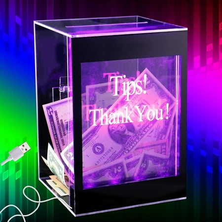 Removable writable blank label light-up提示罐 - 20 color changing acrylic donation raffle fundraising money box with lock key remote control wire suitable for bar waiters restaurants bands