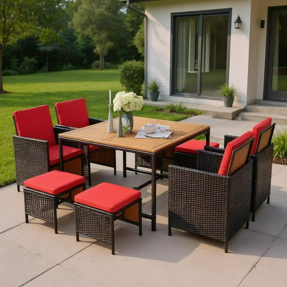 Topcobe 9 Pieces Patio Rattan Dining Cushioned Chairs Set, Outdoor Deck Furniture, Red