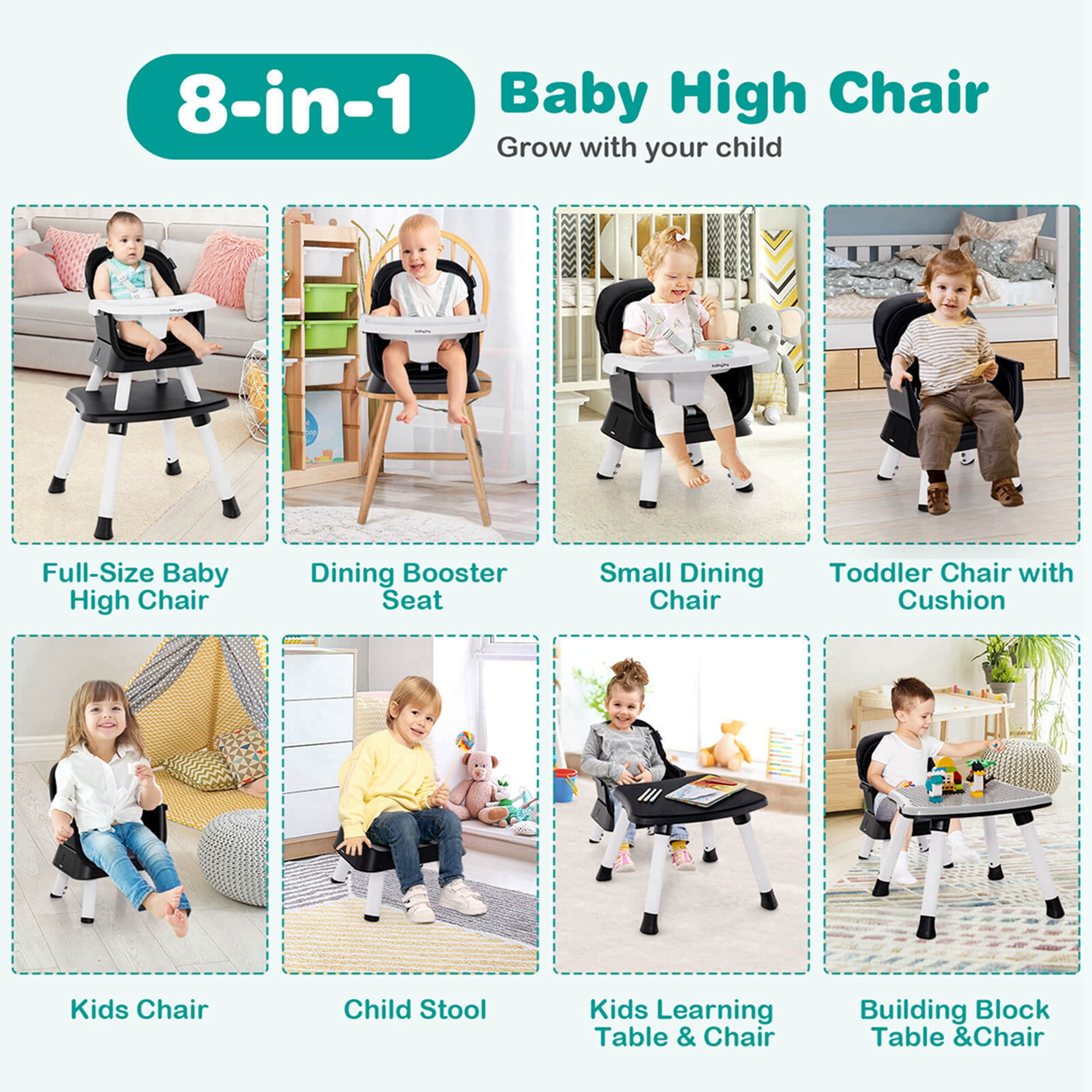 Costway  8-in-1 Baby High Chair Convertible Dining Booster Seat w/ Removable Tray Black