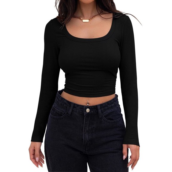 Women's Square Neck Long Sleeve Slim Fitted Casual Long Sleeve Shirts Basic Crop Top 2024 Trendy Clothes