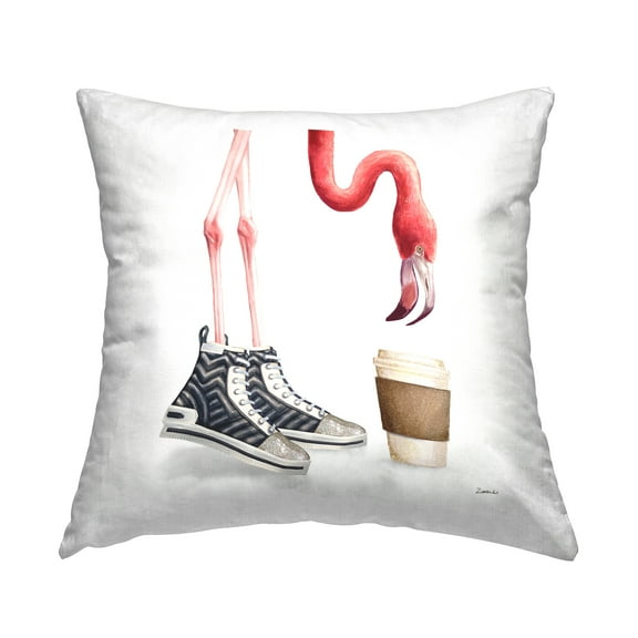 Stupell Industries Fun Flamingo Coffee Cup Sneakers Square Decorative Printed Throw Pillow, 18 x 18,