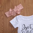 thumbnail image 2 of 3Pcs Tenue de Bébé à la Mode Filles, Été Doux Style Manches Courtes Col Rond Lettre Romper + Couleur Unie Froncé Pantalon + Ensemble de Coiffure, 2 of 4
