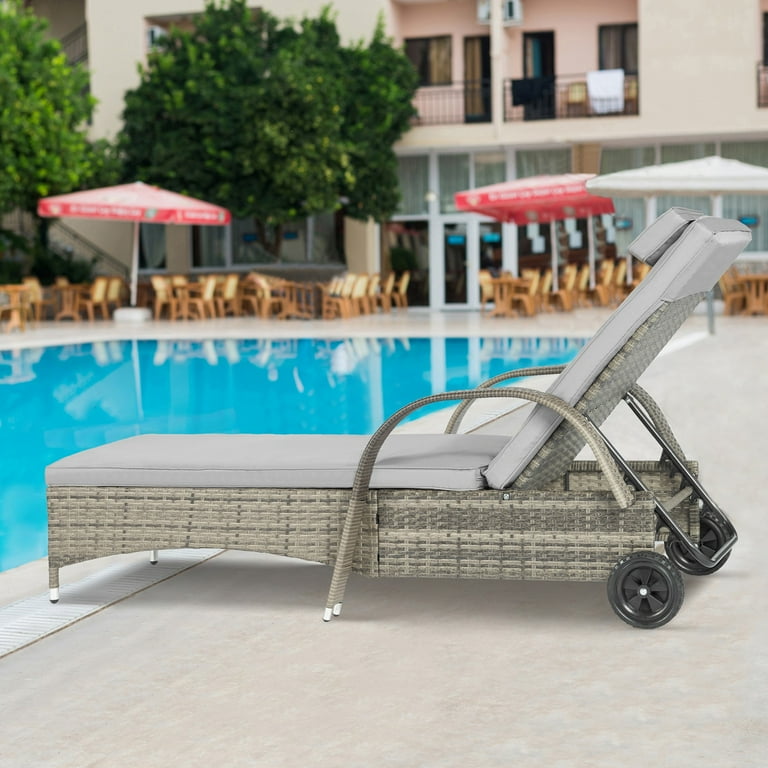 3 Pieces Outdoor Chaise Lounge Chairs Set Recliner Patio Rattan Wicker Sun Lounger Chair With Armrest Cushioned Grey Side Table Adjustable Backrest