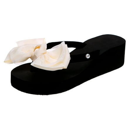 

Slippers For Women Ladies Fashion Cloth Bow Wedge Slippers Outer Wear Clip-Toe Flip Flops Slippers Cloth Beige 39