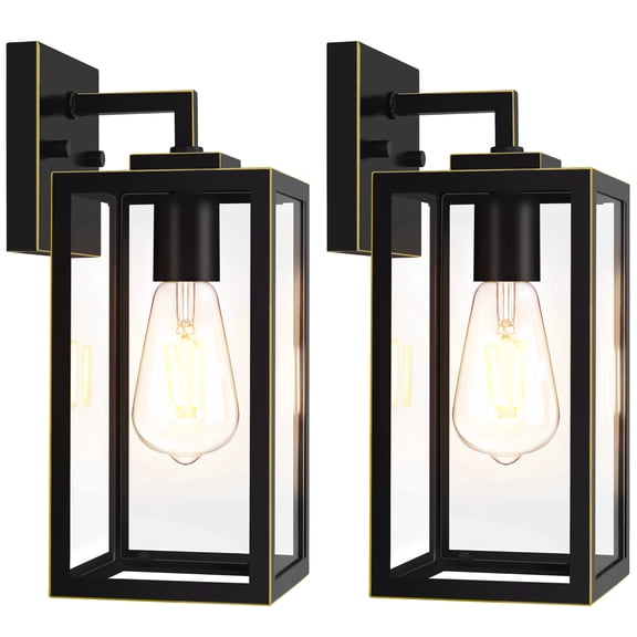 Outdoor Wall Light Fixture, Black Exterior Wall Lantern with Clear Tempered Glass for Front Porch, Garage, Outdoor Lights for House, Gold Trim, 2-Pack, E26 Base