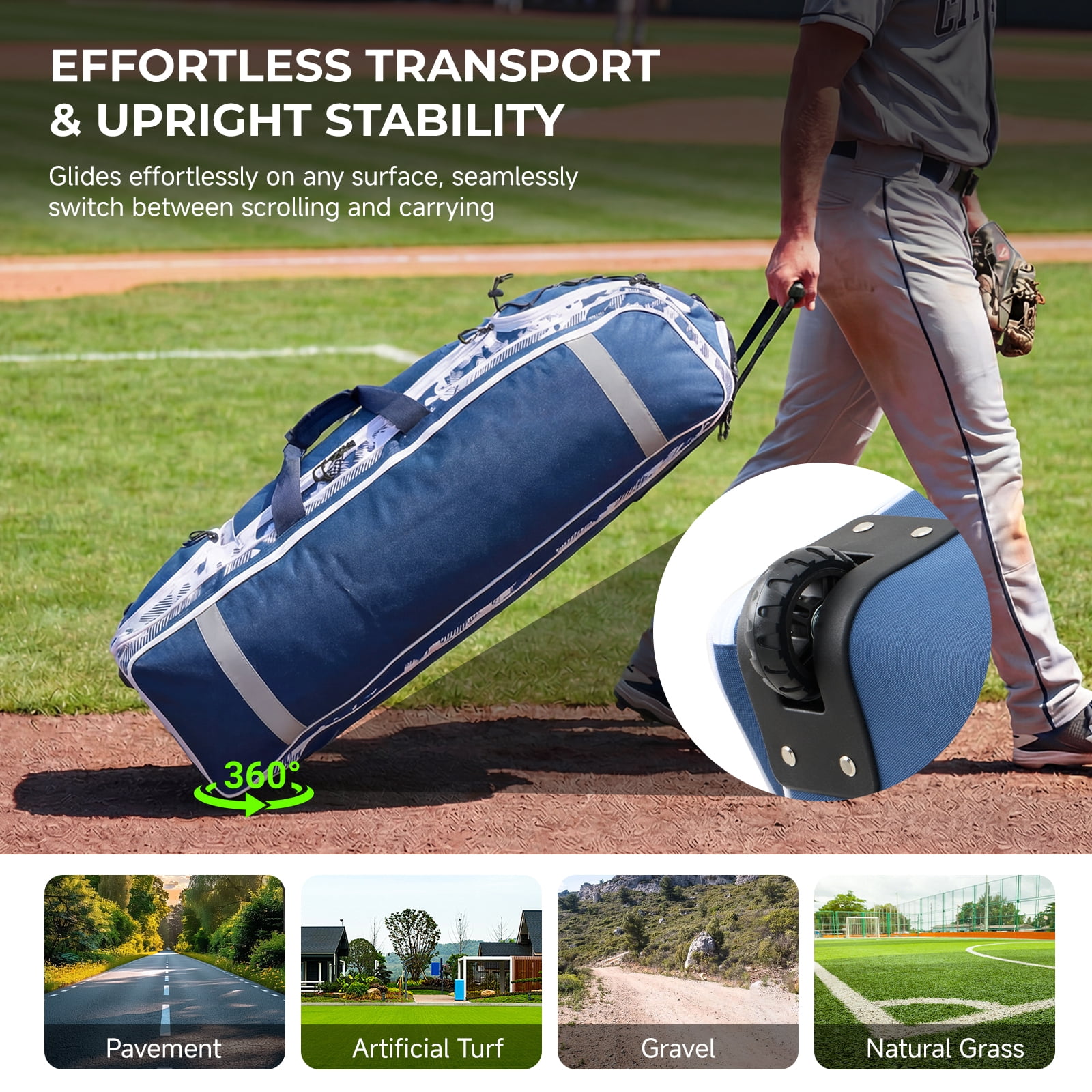Fegat Rolling Baseball Bag, 100L Large Catcher Gear Bag Softball Bags with Wheels, Youth Equipment Bag Holds 8 Bats, Full Set, with Fence Hooks, Reflective Strip, Shoe Compartment