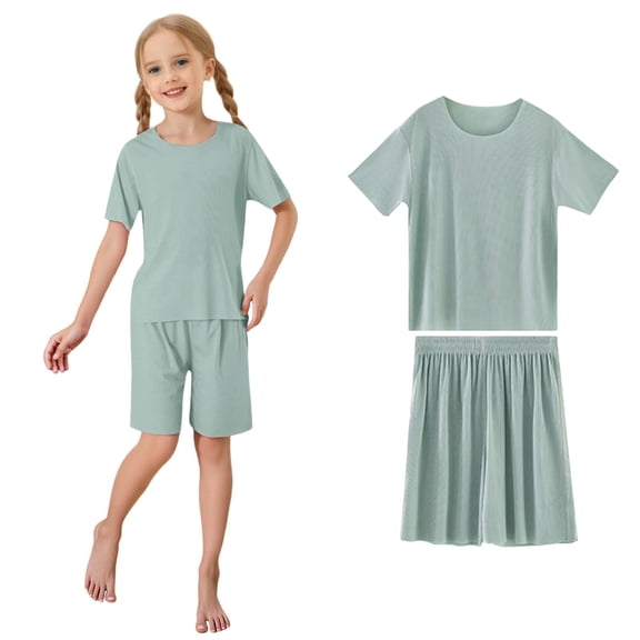 Fgnfyis Girls Summer Outfits Ice Silk Round Neck Short Sleeve Shorts Set Casual Comfortable Loungewear Elastic Waist Playwear Green 4-5 Years