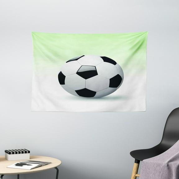 Sports Tapestry, Vector Image of Football Soccer Ball Artwork with Green Ombre Background Image, Wall Hanging for Bedroom Living Room Dorm Decor, 60W X 40L Inches, Black and White, by Ambesonne