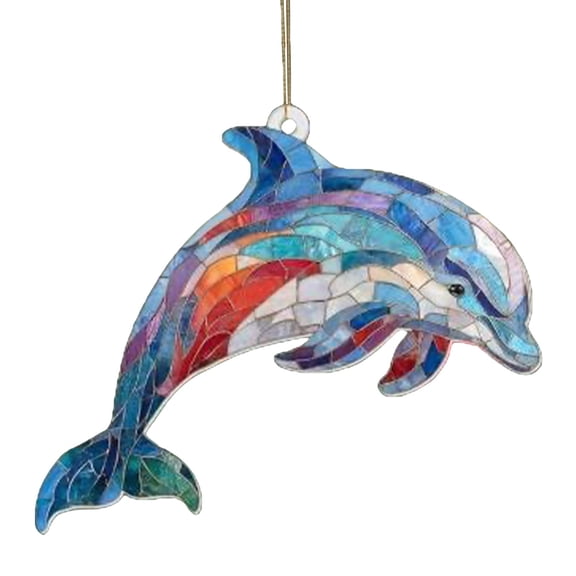 Stained Glass Effect Colorful Dolphin Acrylic Suncatcher Hanging Ornament Indoor Outdoor Farm Beach Scene Decor