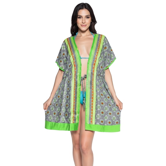 HAPPY BAY Women's Cotton Summer Front Open Soft Beach Beachwear Duster Kimono Cardigan for Women 2X-3X Shamrock Forest_AB978