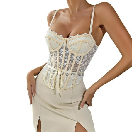 JGGSPWM Women s Lace Bustier Corset Crop Tops Summer Spaghetti Strap Fashion Going Out Y2K Mesh Camisoles Khaki L