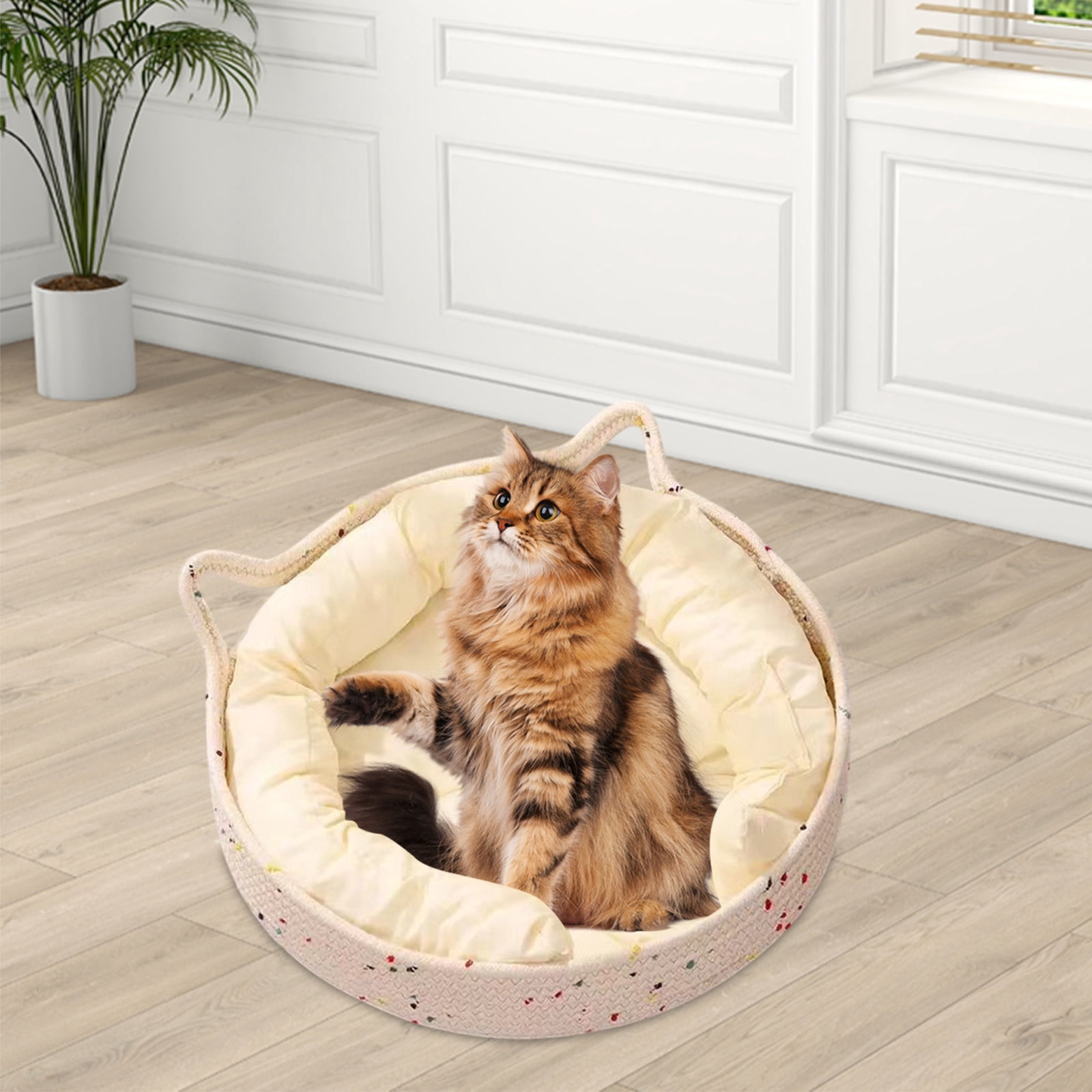 Cat Basket Bed - Large Round Rattan Woven Beds for Indoor Cats and Small Dogs with Soft Cotton Cushion Bucket Nest for Your Pet to Cuddle, Cute Circle Baskets for Kitty
