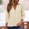thumbnail image 4 of Long Sleeve Shirts for Women Light Yellow Polyester Summer Tops Trendy 3/4 Sleeve V Neck Eyelet Shirts Casual Holiday Vacation Blouses Tops XXL, 4 of 6