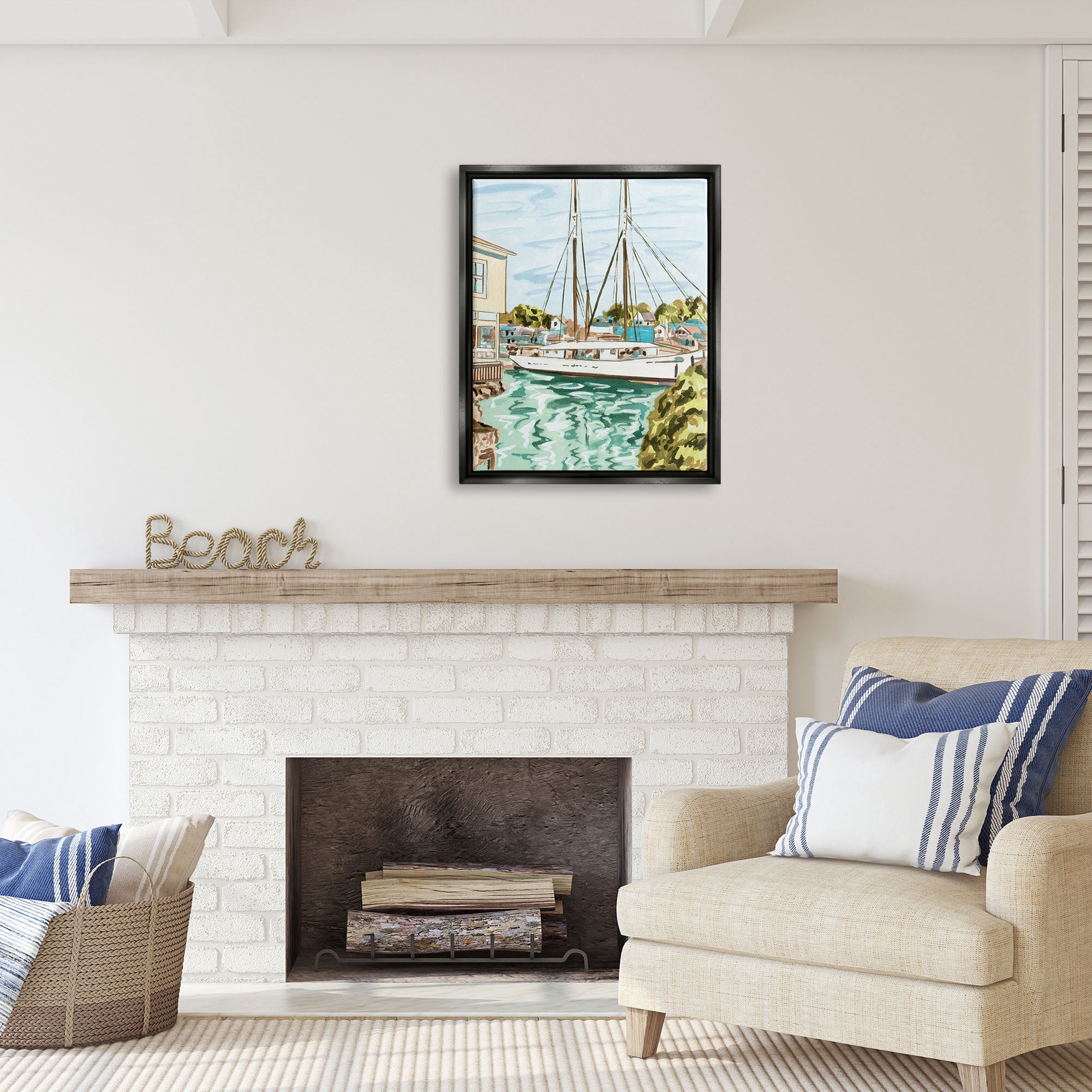 Stupell Industries Coastal Town Marina Transportation Painting Black Floater Framed Art Print Wall Art, 25 x 31
