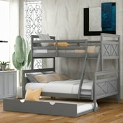 Fashion Modern Twin over Full Bunk Bed with Ladder, Twin Size Trundle, Safety Guardrail, Gray