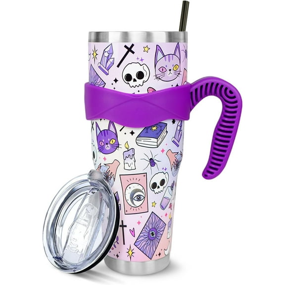 Goth Pastel 40 Oz Tumbler with Handle and Straw, Purple Large Stainless Steel Vacuum Insulated Tumbler Coffee Cup Water Bottle Travel Mug, Witchy Gothic Gifts Decor Accessories Stuff, Halloween Gifts