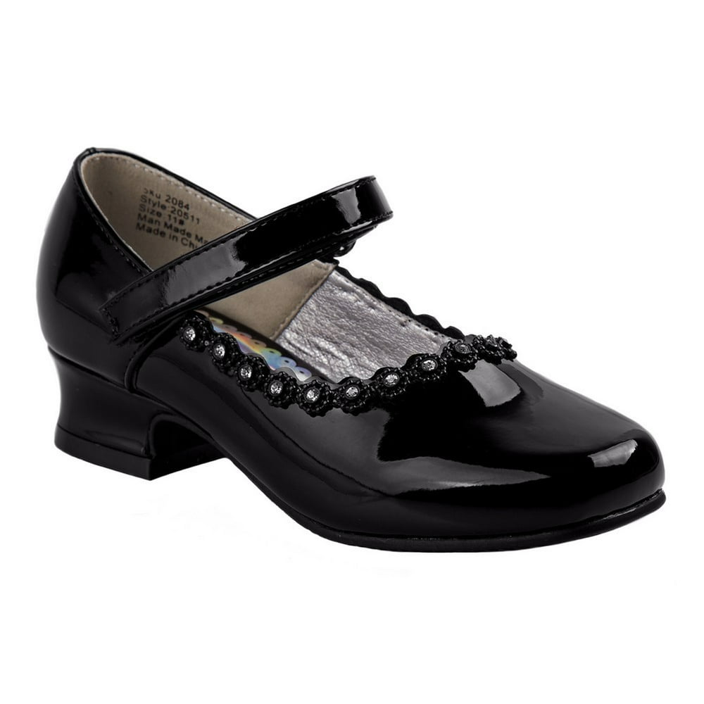 Josmo Girls Black Patent Flower Embellished Mary Jane