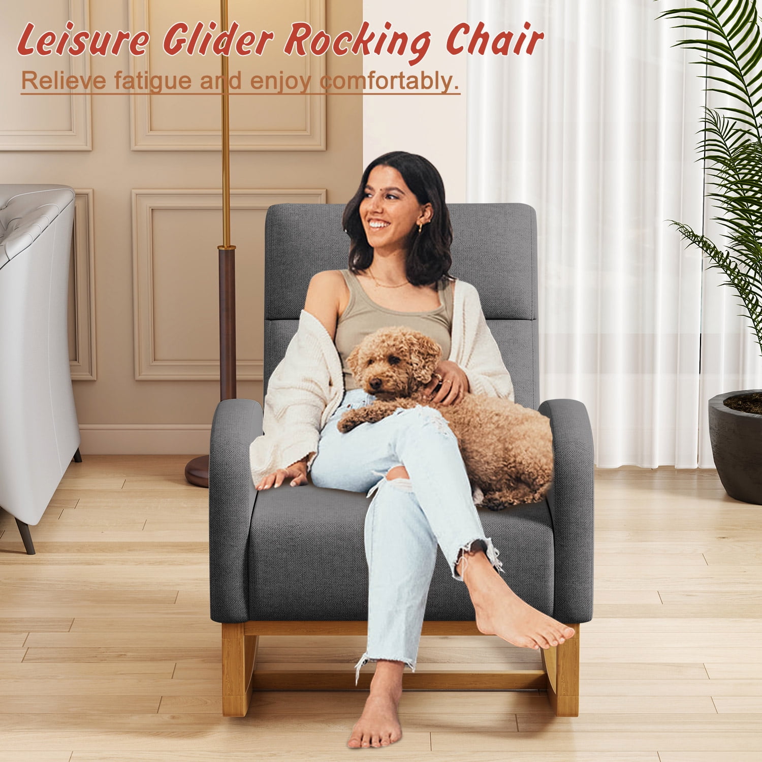 Glider Rocking Chair Nursery Comfy Accent Chair with High Backrest Upholstered Living Room Chairs with Side Pocket Armchair Reading Chair for Bedroom Nursery Office, Grey