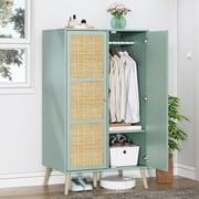 Brafab 55" Mid Century Vintage Armoire Wardrobe Closet with Natural Rattan Doors, Compact Wooden Boho Armoires and Wardrobes with Hanging Rod and Shelves, Big Storage Cabinet for Bedroom