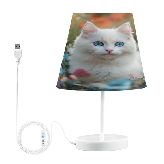 BZSMCE Table Lamp Creative White Cat Among Colorful Flowers Simple Pattern Night Light