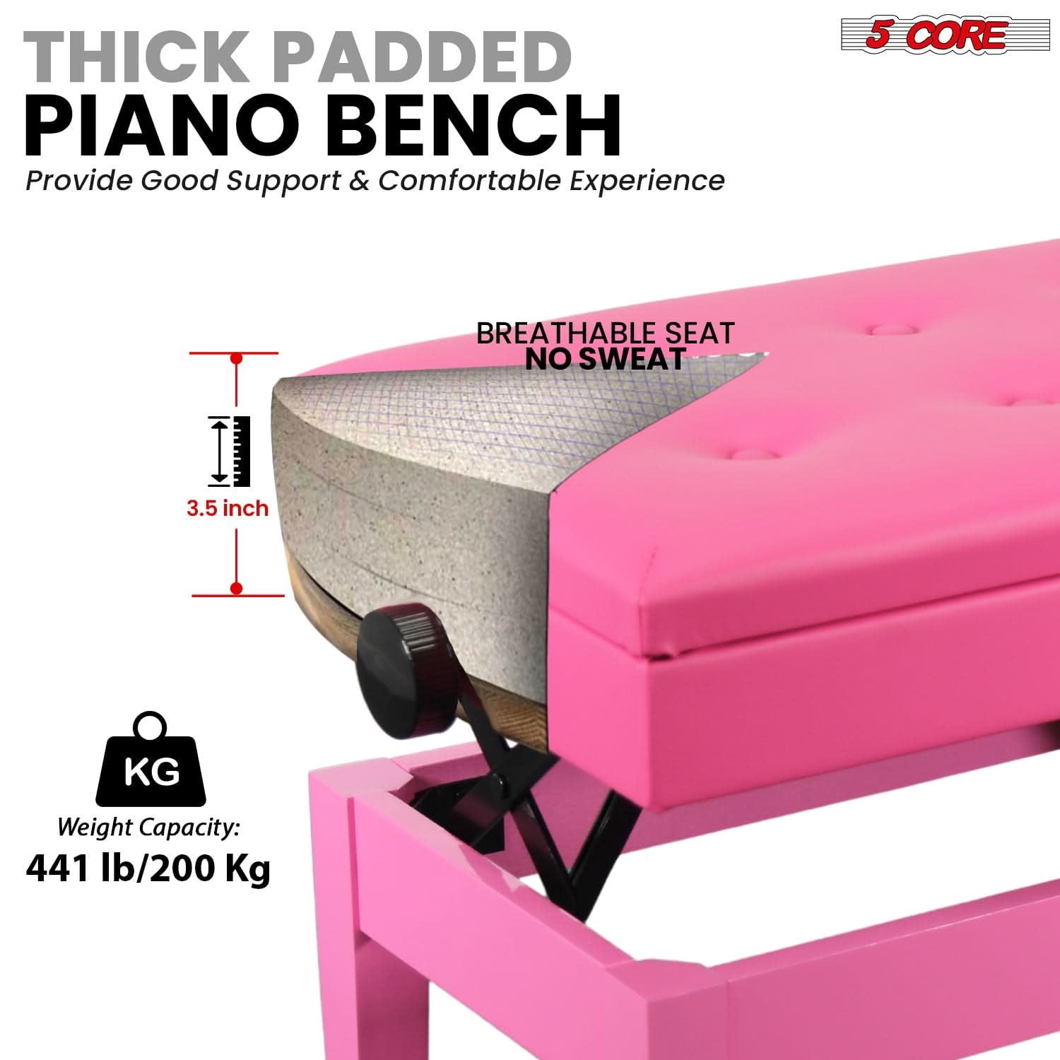 Duet Piano Bench 3.5 Inch Padded Stool with Storage | Adjustable Height Wooden Keyboard Seat | Spill-Resistant Cherry Finish | Heavy Duty Musician Chair for Double Keyboard