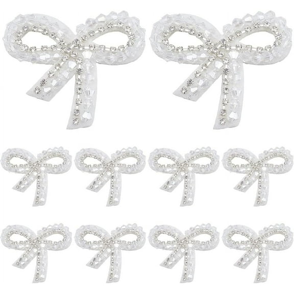10Pcs Beaded Bow Patches Glass Rhinestone Bow Embroidered Patch Glitter White Crystal Bowknot Sew on Repair Badge Appliques Bulk for Sewing Making Clothes Dresses Crafts Shirts Jeans Supply