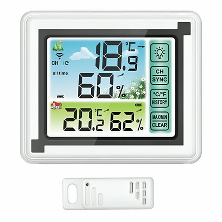 GJX Weather Station Clock Indoor Outdoor Wireless Thermometers Large Screen Display Touch Control Backlight Memory Function with 1 Waterproof Sensors