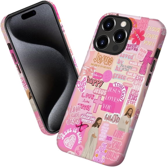 Case for iPhone 16 Pro Max, Pink Love Like Jesus Cross Patchwork Phone Case Military-Grade Drop Protection Cover for Women Girl - Frosted