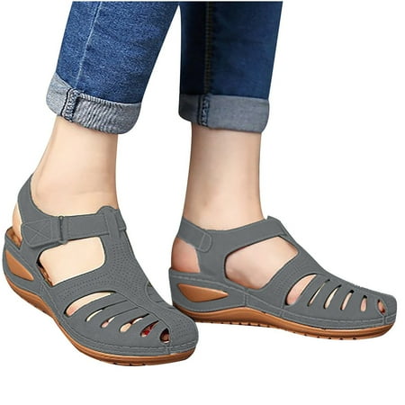 

qucoqpe Women s Wedge Sandals Soft Leather Vintage Anti-Slip Sandals Casual Flat Nude Hollow Out Shoes Comfy Roman Beach Sandals for Outdoor Sports