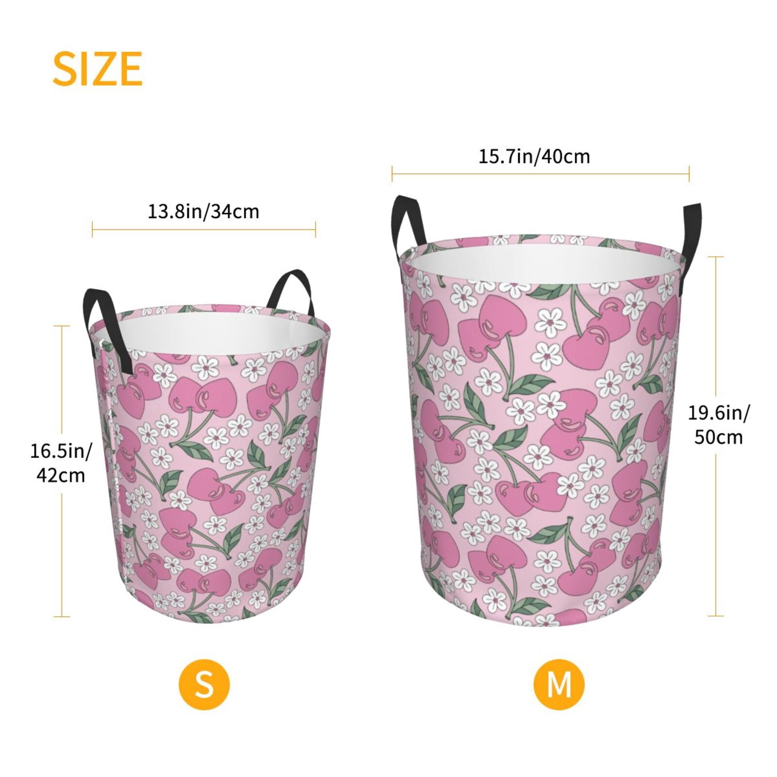 Large Laundry Basket with Handles - Cute Pink Berry Flower Leaves Kids Baby Dirty Clothes Laundry Hamper for Bedroom Aesthetic