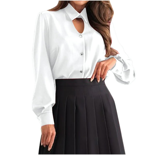 aidice Shirts for Women Casual Lapel Neck Long Sleeve Button up Shirts Keyhole Solid Color Work Tops