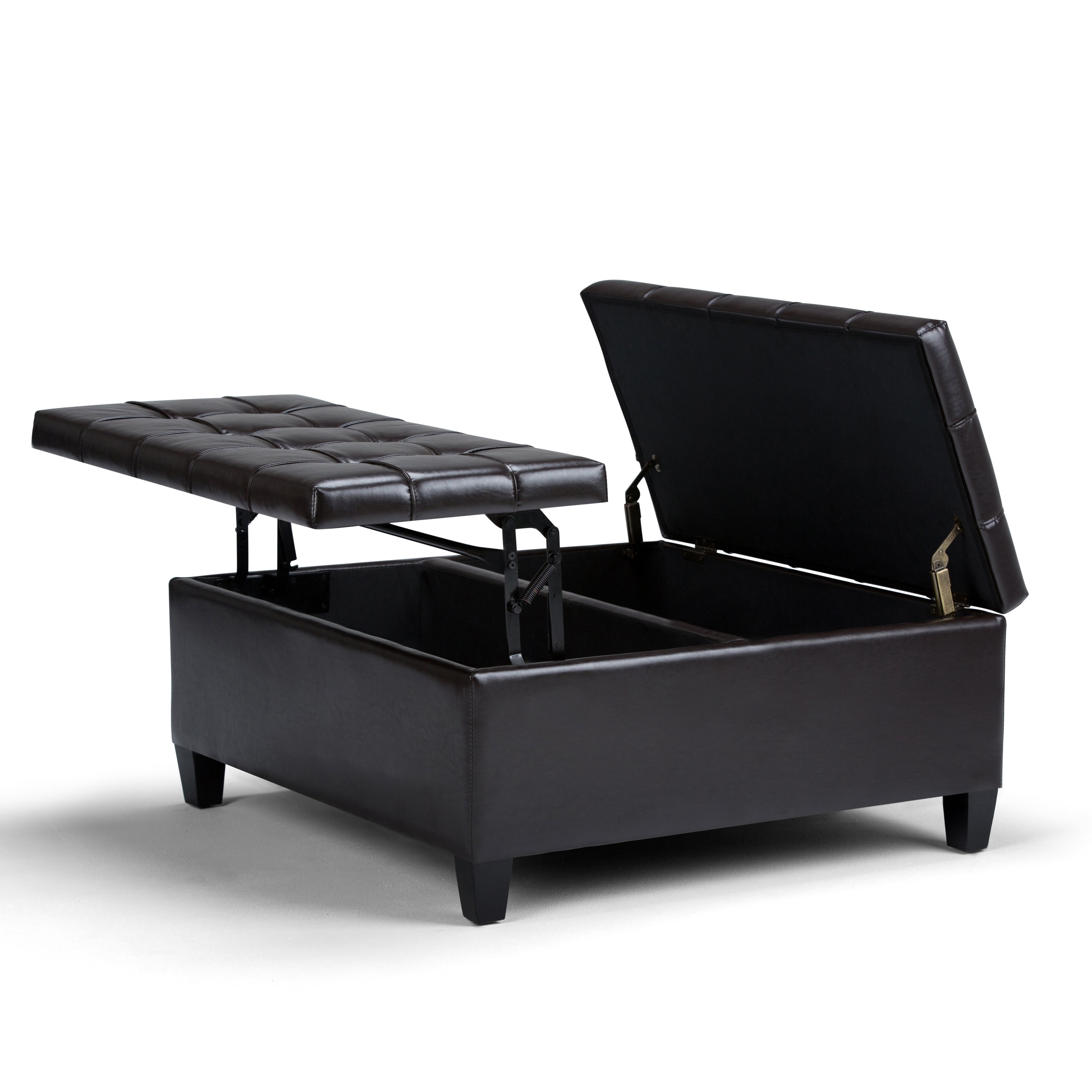 Harrison 36 inch Wide Transitional Coffee Table Storage Ottoman in Tanners Brown Vegan Leather