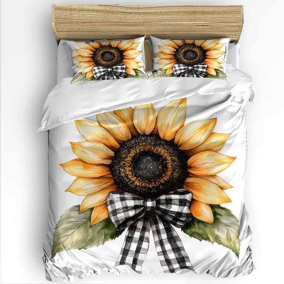 Spring Watercolor Sunflower King Size Comforter Set, Retro Floral Bow Soft Bedding for All Seasons, 4 Pcs Bed Set with 1Comforter (90"x106") ,1 Sheet(94"x116"), 2 Pillowcases (19"x35")