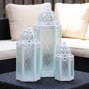 Moroccan Candle Lantern Decorative Set of 3 for Floor, Ramadan Decorations, Indoor Home Decor, Outdoor Patio or Porch, Weddings, White