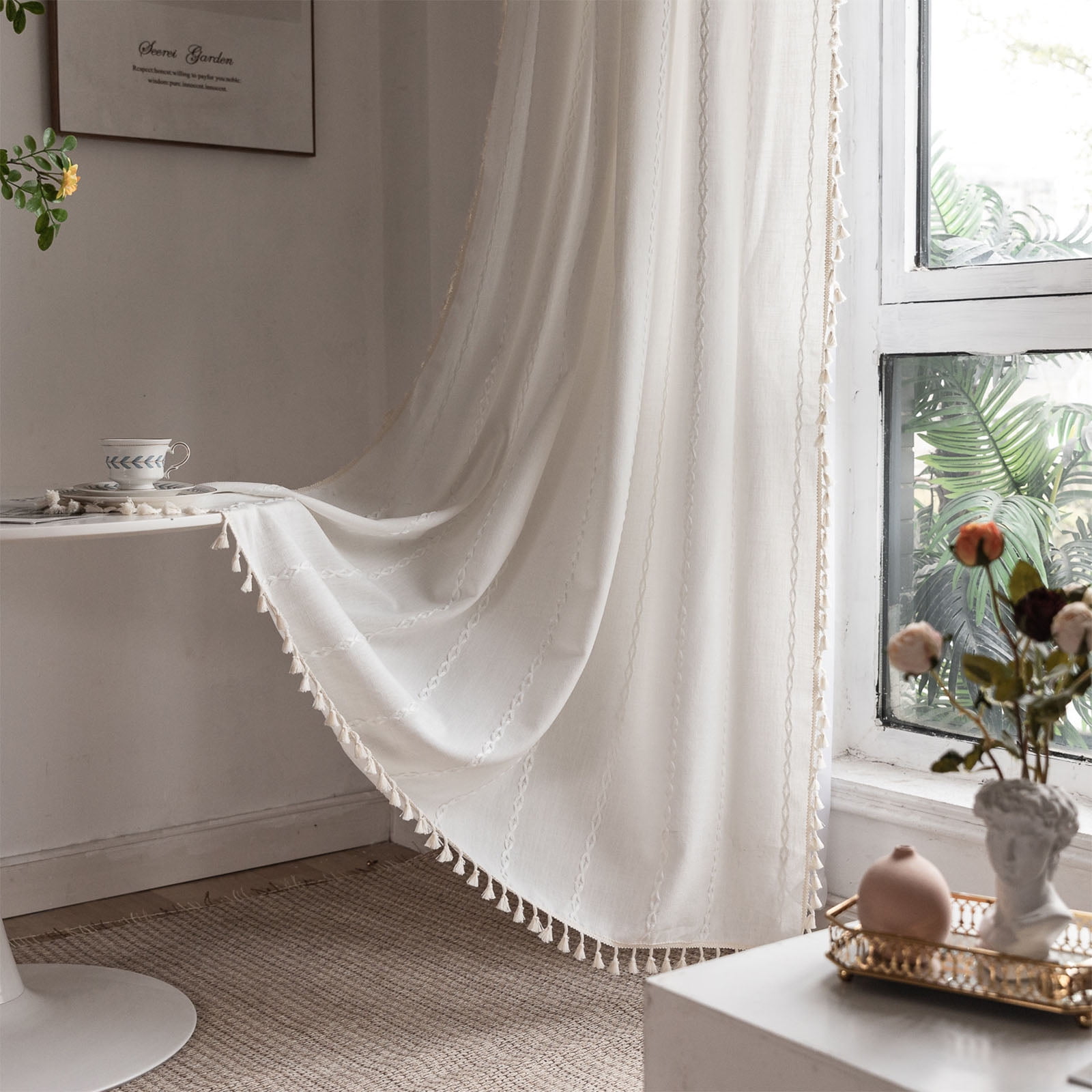 NixiYa Linen Curtains White Boho Curtains Semi-Blackout Window Curtains Rod Pocket Drapes 52 x 84 inches 1 Pannel