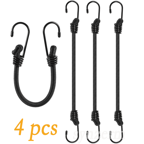 4 PCS Elastic Cord with Hooks, 12 Inch Adjustable Bungee Cord Versatile Stretchy Heavy Duty Short Bungee Cords for Camping Tarps Tents Trucks Boats Cargo Hiking Hunting Hanging Luggage