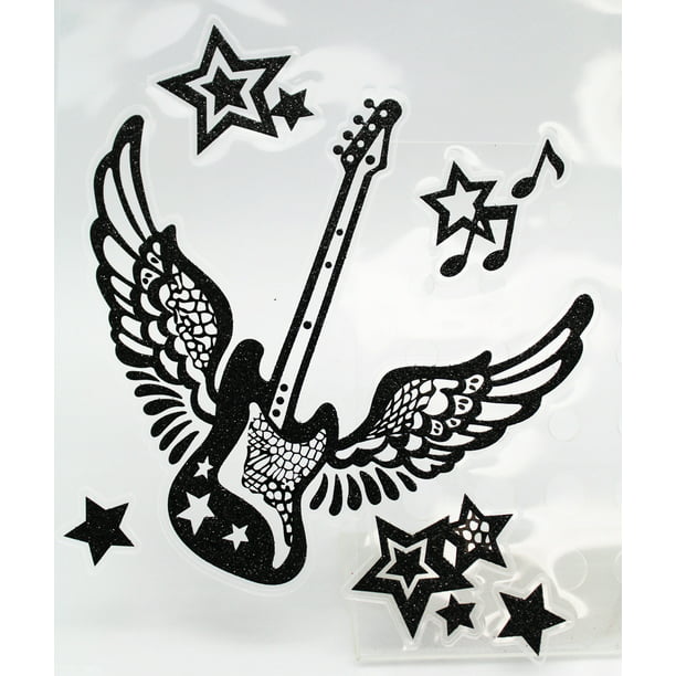Flying Winged Black and White Guitar Sticker Decal - By Ganz (5 Stickers) -  